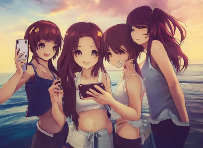 Prompt: polaroid of 4 anime girls taking a selfie on the beach, slice of life, highly detailed, golden hour, perfect art, trending on pivix fanbox, art by rossdraws, wlop, artgerm.