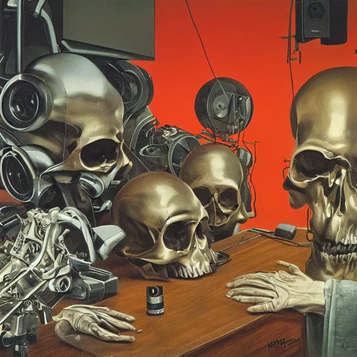 Image similar to pensive skull observing 8 0's era technology, vintage shapes, retro technology, vintage color, wayne barlow, oil on canvas, deep depth of field, masterpiece, cinematic composition, hyperdetailed