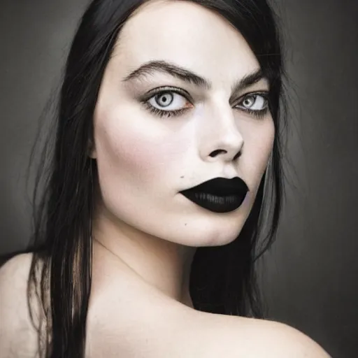 Image similar to a masterpiece portrait photo of a beautiful young woman who looks like a goth margot robbie, symmetrical face