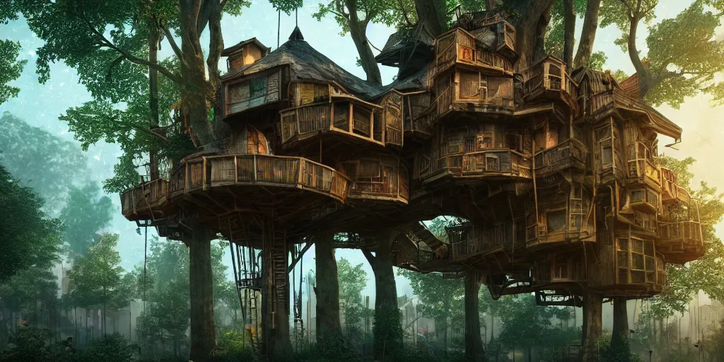 Image similar to in a treehouse city, highly detailed, 8 k, hdr, award - winning, octane render, artstation, volumetric lighting