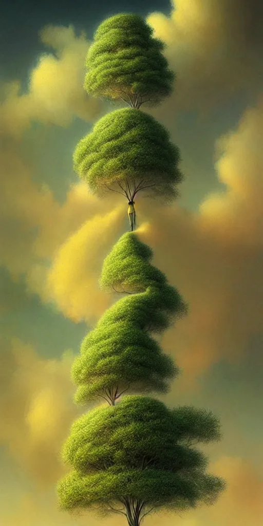 Image similar to a thin tree that reaches the clouds, low angle, ant perspective, fantasy digital painting by artgerm and leyendecker, surreal, photorealistic