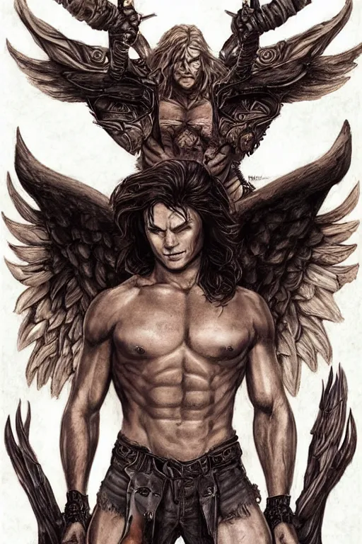 Prompt: Sam Winchester as a muscular angel with demon wings wide open, whole body tattooed with runes and satanic symbols, urban fantasy romance book cover, D&D!, fantasy style, sharp focus!, ultra detailed, art by Artgerm and Peter Andrew Jones, WLUP