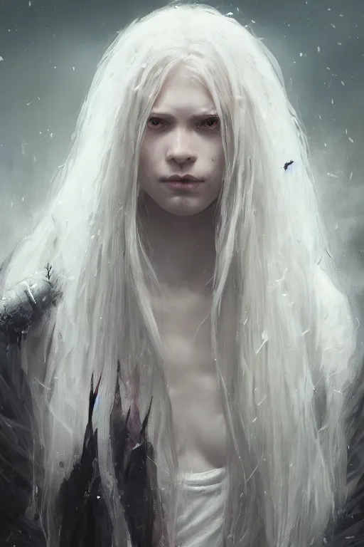 Image similar to a fancy portrait of a beautiful young teenage ripped girl with long white hair by greg rutkowski, sung choi, mitchell mohrhauser, maciej kuciara, johnson ting, maxim verehin, peter konig, bloodborne, 8 k photorealistic, cinematic lighting, hd, high details, dramatic, dark atmosphere, trending on artstation