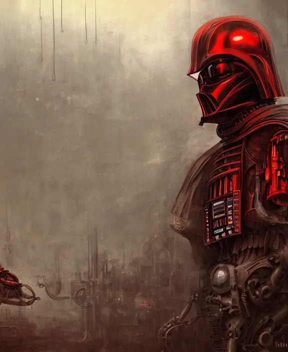 Prompt: a red steampunk darth vader with mechanical tendrils resembling spinal columns extending from his body, by HR Giger and Beksiński and Stephan Martiniere , 4k resolution, detailed, trending on artstation