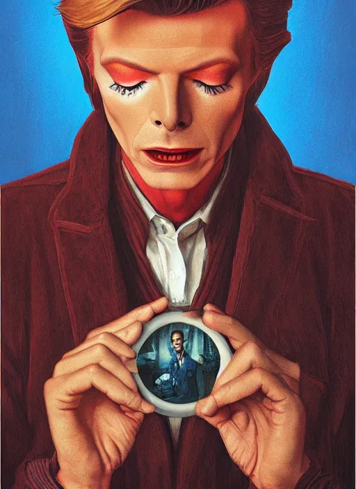 Prompt: twin peaks poster art, portrait of david bowie in small town solving mystery, by michael whelan, rossetti bouguereau, artgerm, retro, nostalgic, old fashioned