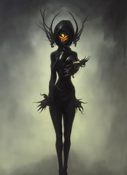 Image similar to dark portrait painting of tracer from overwatch, in style of zdzisław beksinski, scary, horror, overwatch tracer character, evil grin, detailed face, dressed in dark garment, black tendrils, tall,