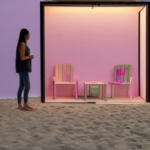 Image similar to An ultra high definition, professional photograph of an outdoor partial IKEA showroom inspired sculpture located on a pastel pink beach ((with pastel pink, dimpled sand where every item is pastel pink. The sun can be seen rising through a window in the showroom.)) The showroom unit is outdoors and the floor is made of dimpled sand. Morning time indirect lighting with on location production lighting on the showroom. In the style of wallpaper magazine, Wes Anderson.