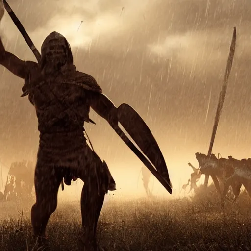 Image similar to one spartan standing in the rain and 100 spears are flying into his direction, award winning, trending on artstation, unreal engine