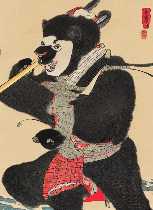 Prompt: a full body ukiyo-e portrait of a fully armored samurai Asian black bear, playing with a young Japanese girl in a kimono, a cat at the bottom, intricate, elegant, highly detailed, digital painting, artstation, concept art, smooth, sharp focus, illustration, art by Andō Hiroshige
