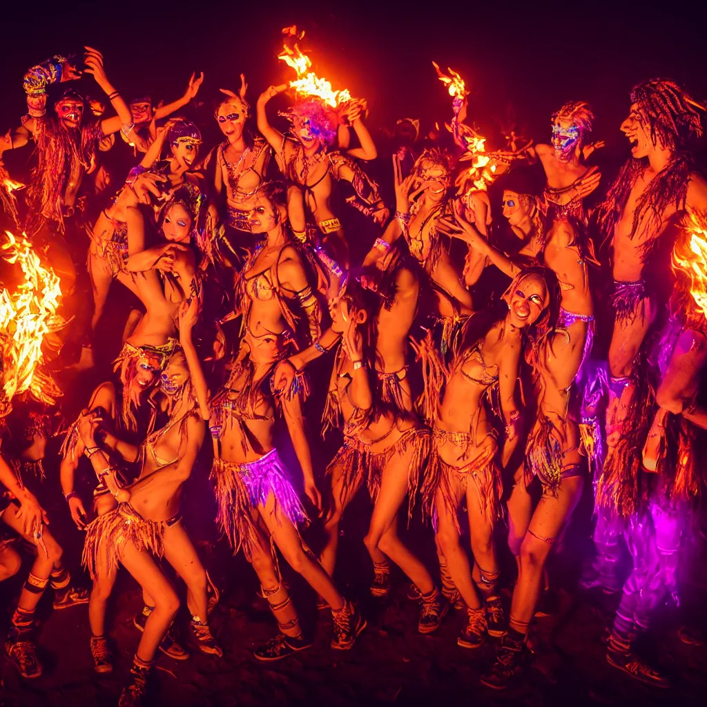 Image similar to portrait of ravers in friendly costumes with detailed faces, dancing around a fire, photorealistic, octane render, dancefloor kismet, diverse costumes, clean composition, desert transition area, bonfire, night, australian desert, zaha hadid, xf iq 4, symmetry, sony a 7 r, 1 5 0 mp, 5 0 mm