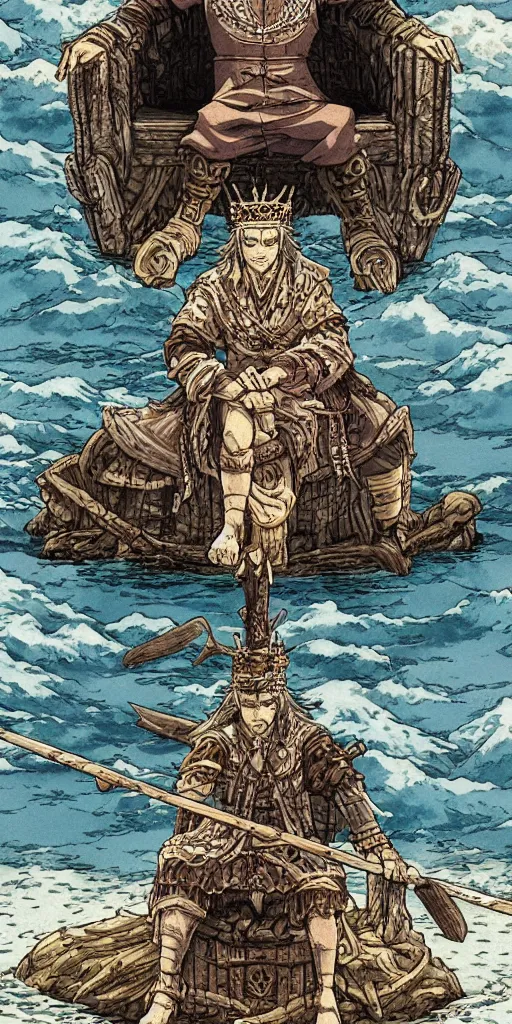Prompt: a single highly detailed lone king sitting on a throne floating on water in the middle of a lake drawn by Makoto Yukimura in the style of Vinland saga anime, full color, detailed,