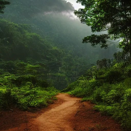 Prompt: an expansive view of a path leading to a futuristic containment building in a forested valley and lush mountains in the distance, tropical, national geographic, hyper realistic, 4 k, hazy light