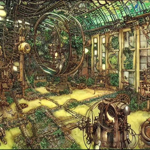 Prompt: Inside a steampunk machine room with lush vegetation growing around the machines, tropical trees, large leaves, flowers, by Rebecca Guay