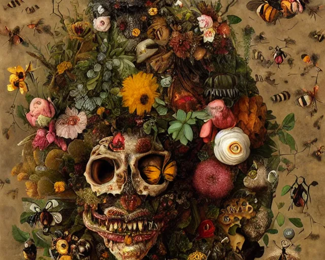Prompt: A beautiful detailed existential horror portrait painting 'The Godes of nature' by Giuseppe Arcimboldo, flowers bees and birds everywhere, Trending on cgsociety artstation, highly detailed, 8k, masterpiece, in the style of DiscoDiffusion.