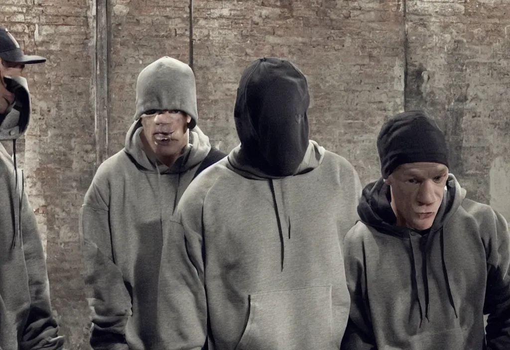 Image similar to john cena with a gray cap and a gray hoodie with the hood on. He's in a rap battle at an abandoned warehouse. Lose yourself by eminem music video.