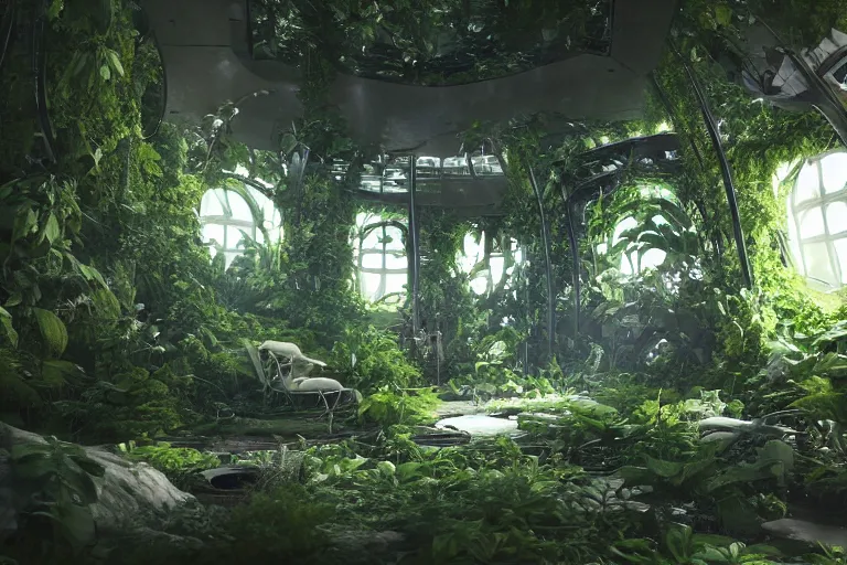 Prompt: inside a spaceship living quarters overgrown with plant life and ivy, artgerm, yoshitaka amano, gothic interior, 8 k, octane render, unreal engine