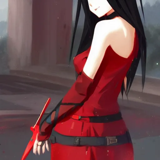 Prompt: a girl with black hair wearing a red dress, she is holding a knife, anime art, smooth, scary atmosphere, hd, Cushart Krenz
