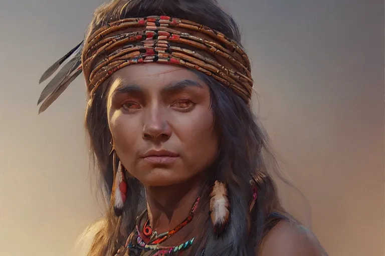 Prompt: A portrait a native american goddess by Ruan Jia and Mandy Jurgens and Artgerm and william-adolphe bouguerea, highly detailed, trending on artstation, award winning, H 768