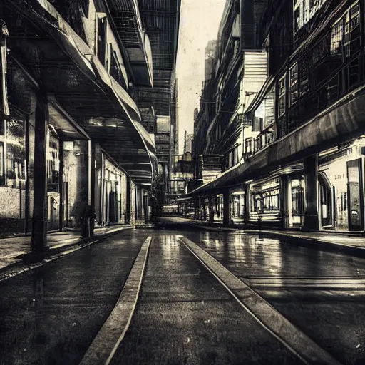 Image similar to daguerrotype photograph of cyberpunk city street, futuristic buildings, advanced cars, daguerrotype, grainy photograph