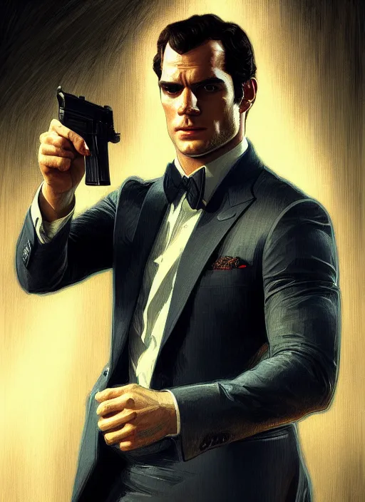 Prompt: portrait of henry cavill as james bond, casino, rain, aston martin, handgun, highly detailed, digital painting, artstation, concept art, cinematic lighting, sharp focus, illustration, by gaston bussiere alphonse mucha