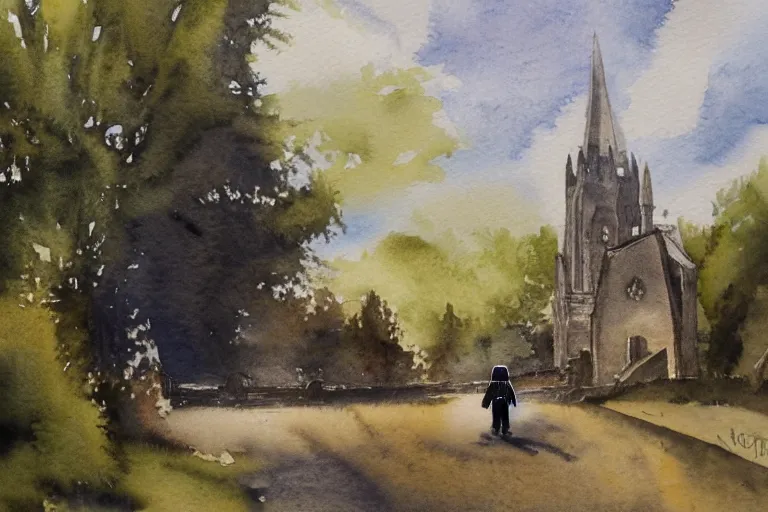 Prompt: a watercolor painting of darth vader leaving a medieval church in a quaint english village, landscape, trees