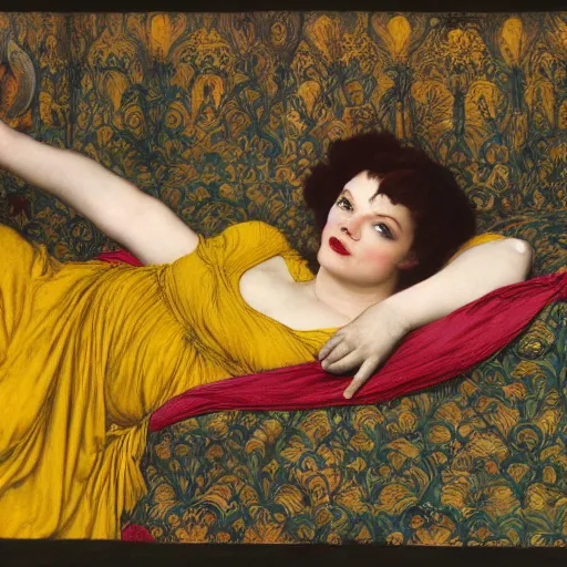 Prompt: reclining on bed, hybrid of judy garland and jo brand, aged 2 5, brown fringe, huge downslanted eyes, large full lips, medium shot, hipster, yellow ochre ornate medieval dress, john william waterhouse, kilian eng, rosetti, john everett millais, william holman hunt, william morris, 4 k