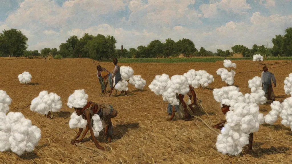 Prompt: people working in a cotton field. divisionism