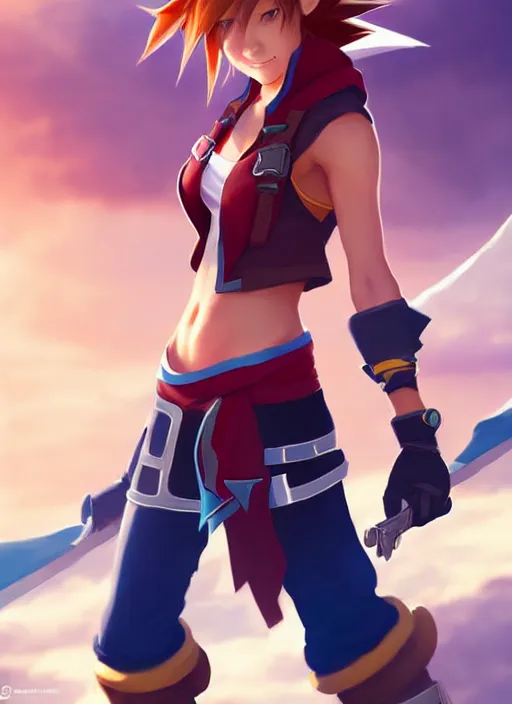 Image similar to female cosplayer wearing cosplay of sora from kingdom hearts. art by greg rutkowski, art by pascal blanche. crisp quality. digital photography. trending in deviantart.