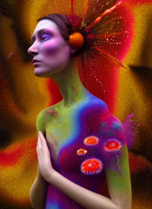 Image similar to hyper detailed 3d render like a Oil painting - Aurora (oil rainbow faced Singer) seen Eating of the Strangling network of yellowcake aerochrome and milky Fruit and Her delicate Hands hold of gossamer polyp blossoms bring iridescent fungal flowers whose spores black out the foolish stars by Jacek Yerka, Mariusz Lewandowski, Houdini algorithmic generative render, Abstract brush strokes, Masterpiece, Edward Hopper and James Gilleard, Zdzislaw Beksinski, Mark Ryden, Wolfgang Lettl, hints of Yayoi Kasuma, octane render, 8k