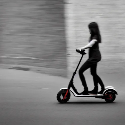 Image similar to a female made out of stone rides a scooter, 5 0 mm lens, f 1. 4, sharp focus, ethereal, emotionally evoking, head in focus, volumetric lighting, 8 k