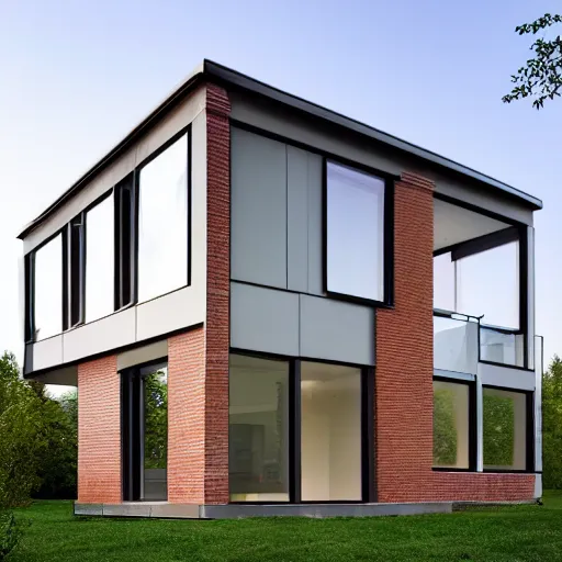 Prompt: hyper realistic elevation of a house, brick, concrete, glass, wood