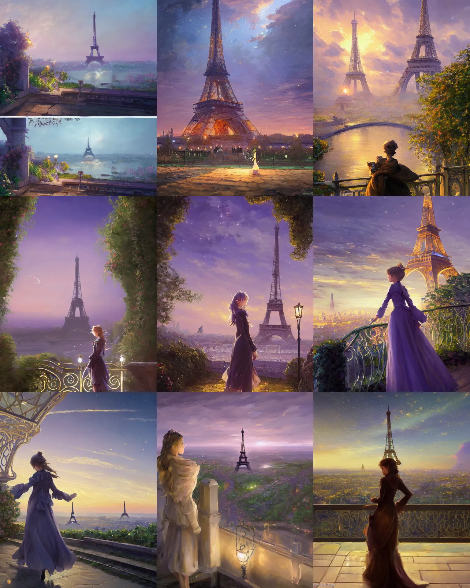 Image similar to over the shoulder landscape painting of violet evergarden, behind are distant lights from paris, eiffel tower, next to the reflecting ocean, nighttime, by vladimir volegov and Philipp A. Urlich and Pengzhen Zhang and Andreas Rocha, fantasy, intricate, elegant, highly detailed, digital painting, artstation, blender, unreal engine 5, octane render, smooth, sharp focus, illustration