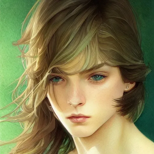 Image similar to teen boy, middle length hair, blonde hair, green eyes, gorgeous, amazing, delicate, feminine, elegant, intricate, highly detailed, watercolor, portrait, artstation, concept art, sharp focus, illustration, art by artgerm and greg rutkowski and alphonse mucha