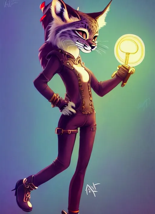 Image similar to wide angle beautiful full body portrait of a dancing female anthropomorphic anthro lynx fursona wearing steampunk leather pants and no boots, paw pads instead of feet and arms, character design by alena aenami, disney, anime, manga, artgerm, furaffinity, detailed, soft lighting,