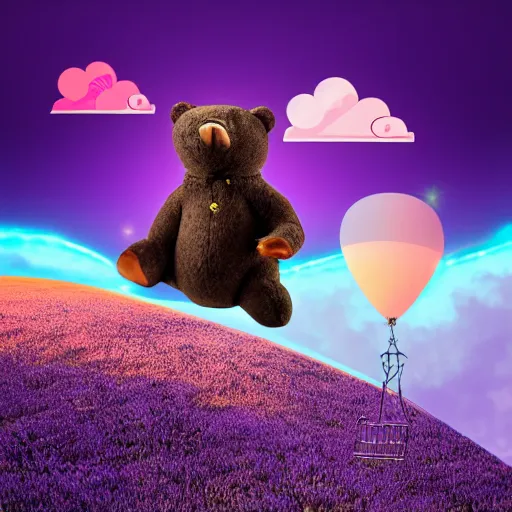 Image similar to cartoon bear wearing clothes being launched out of a futuristic machine into a purple and orange cloud land