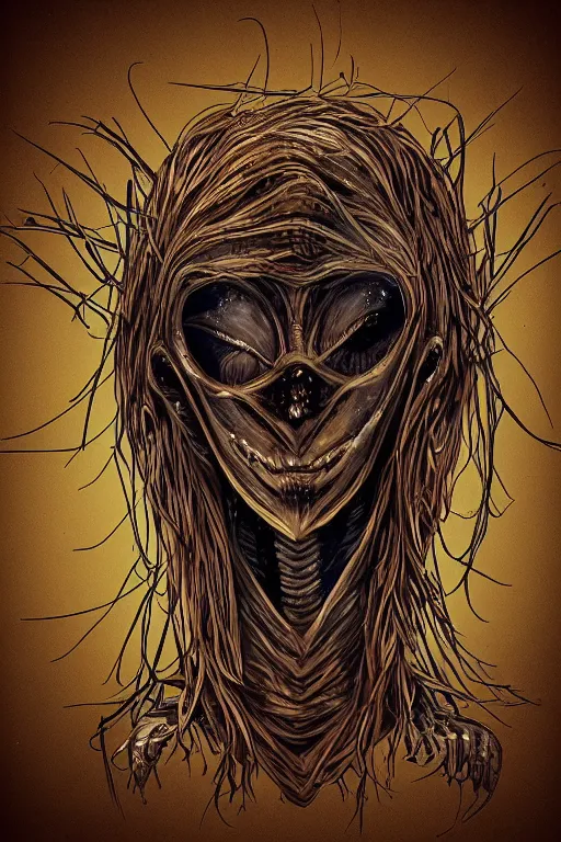 Image similar to alien scarecrow, rags, symmetrical, highly detailed, digital art, sharp focus, trending on art station, anime art style