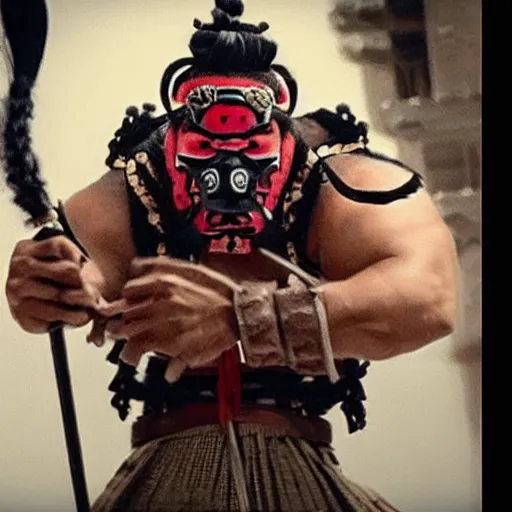 Prompt: big buff strong very buff samurai wearing an oni mask, movie still