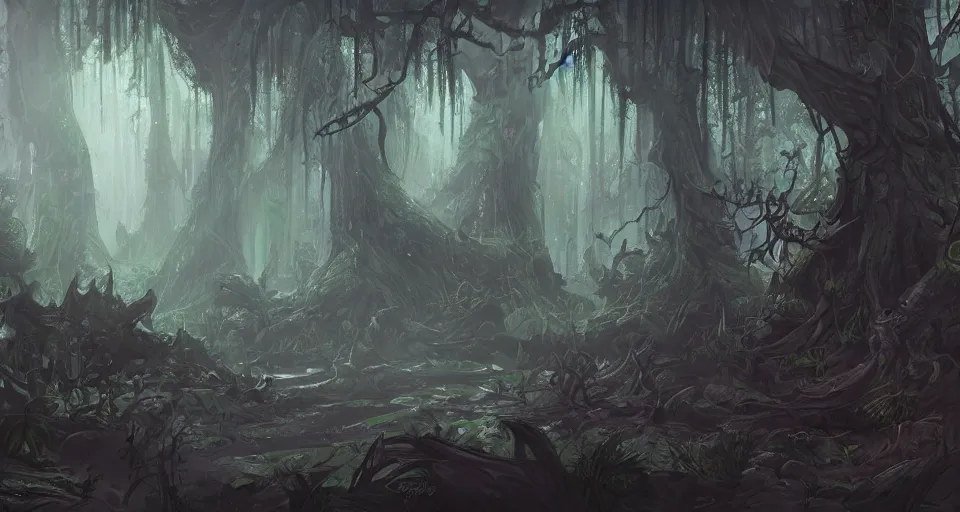 Image similar to A dense and dark enchanted forest with a swamp, by League of Legends concept artists