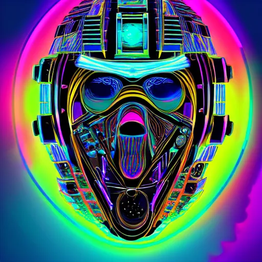 Prompt: hyperdetailed portrait of a spaced out cyberpunk aztec futurism robot head, 8 k, symetrical, flourescent colors, halluzinogenic, meditative, multicolored vector art, black background