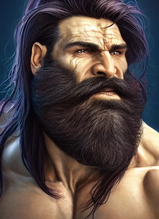Prompt: portrait of a hulky herculean well groomed orc with flowing long deep violet hair, epic beard, style of god of war, swarm of sand, intricate, elegant, highly detailed, digital painting, artstation, concept art, smooth, sharp focus, illustration, art by artgerm and greg rutkowski and alphonse mucha, 8 k