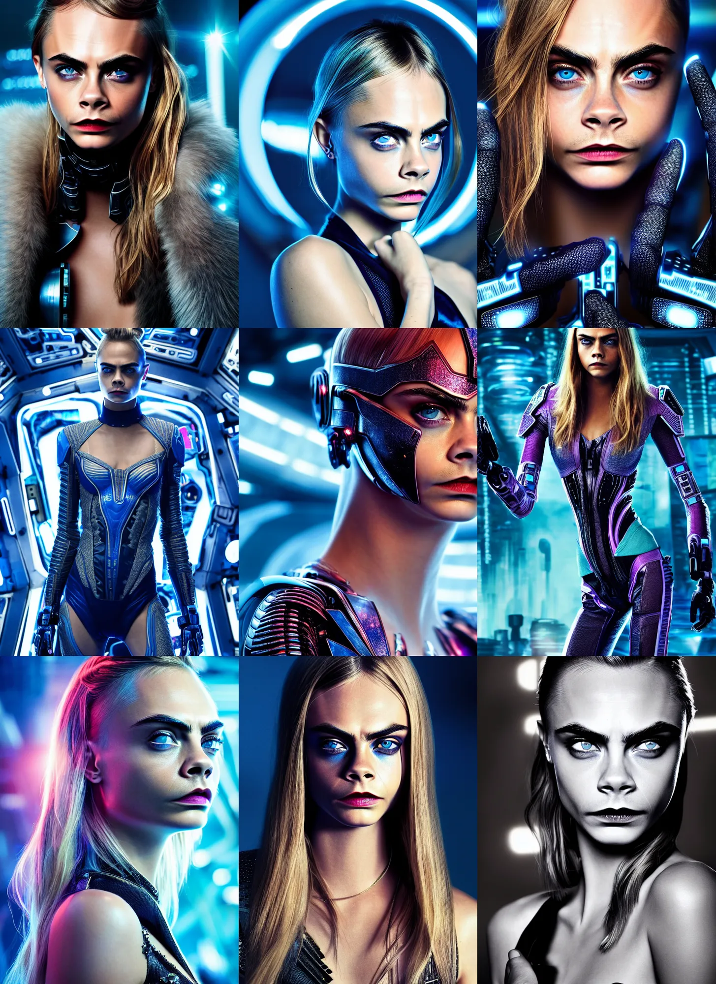 Prompt: stunning attractive cute cara delevingne, valerian movie, sci - fi, cyberpunk, futurism, strong artificial intelligence, symmetry, cinematic, elegant, luxury, professional studio light, perfect composition, dlsr photography, sharp focus, 8 k, ultra hd, sense of awe, highly detailed, hyper realistic, intricate, science journal cover