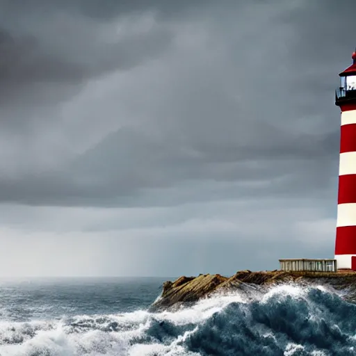 Prompt: Stormy sea waves crashing on a lighthouse, dramatic, in the style of Michal Karcz