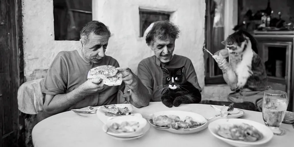 Prompt: photography of a cat sharing mortadella with his loved owner at a trullo house, photoreal, 3 5 mm, award winning photography