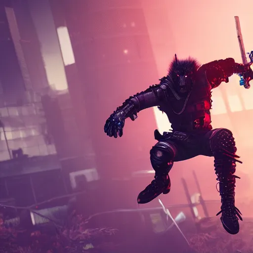 Image similar to cyberpunk wolfman holding a katana and jumping into action, tactical armor, action scene screenshot, unreal engine, high quality gloss art