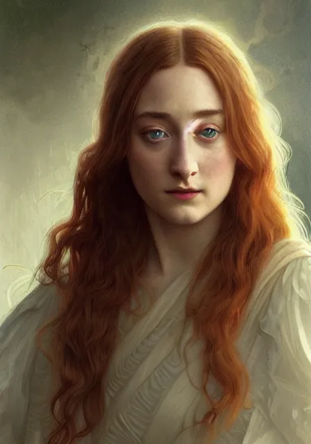 Image similar to sansa saoirse ronan, intricate, elegant, highly detailed, digital painting, artstation, concept art, smooth, sharp focus, illustration, art by artgerm and greg rutkowski and alphonse mucha and william - adolphe bouguereau