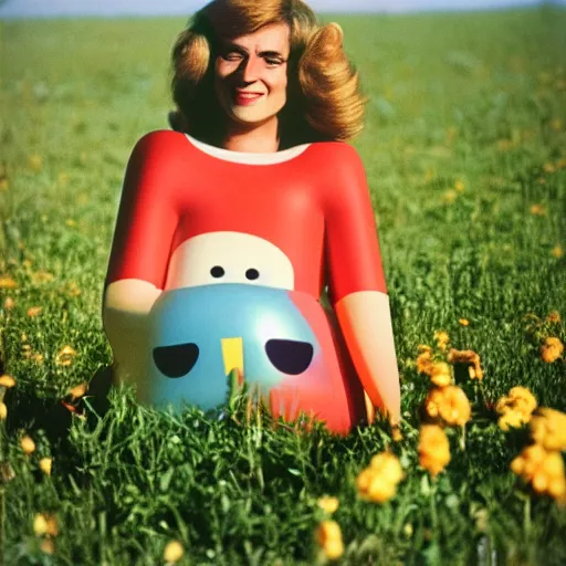 Prompt: A sad woman wearing a smiling inflatable toy in a meadow, 1980, color film expired film, aged photo, fellini almodovar john waters
