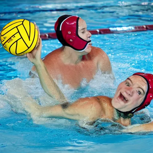 Image similar to hippopotamuses playing water polo against people. water polo photograph.