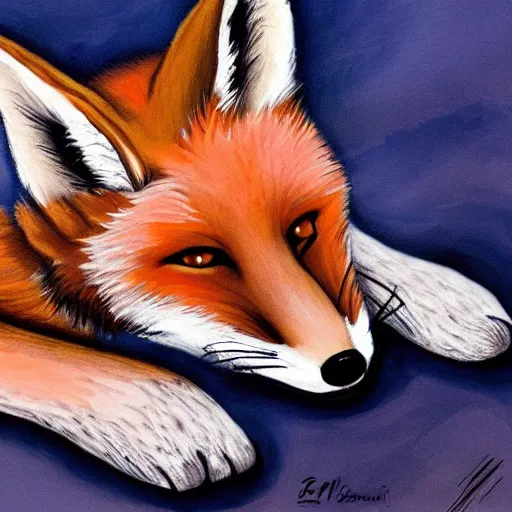 Image similar to a fox laying back relaxing, dreaming of infinity, elegant color palette