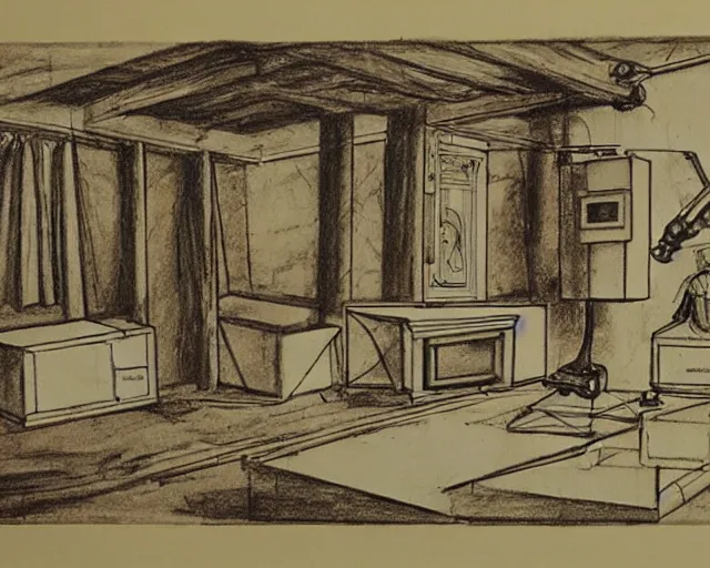 Prompt: mechanical electrical television set sketch with detailed notes by leonardo da vinci