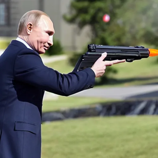 Image similar to photo of putin firing a water gun at biden face